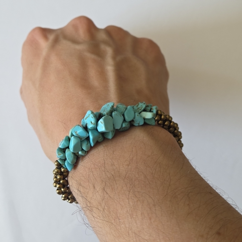 Turquoise and Brass Beaded Jingle Bracelet - Picture 2 of 6